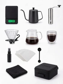 12 Pcs Coffee Maker Set with Adjustable Thickness, Layered Extraction, EVA Bag, Electronic Scale, Manual Grinder, 600ML Kettle, 600ML Server, 2-4Cups Dripper, 250ML Mug, v60