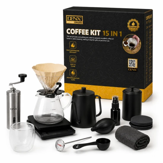 DENX DX4205 V60 15-in-1 Coffee Set Complete Barista Kit with Grinder, Frother, Filter, Cups & Accessories, Premium All-in-One Coffee Maker Set for Home, Office & Travel